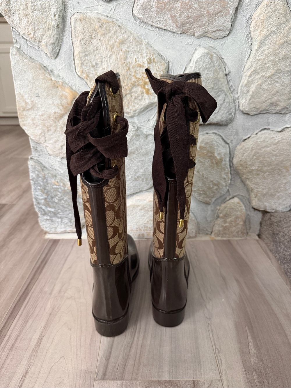 Coach Tristee Brown & Khaki Rainboot Signature Print Canvas-Shiny Rubber Size 10 - Picture 5 of 14